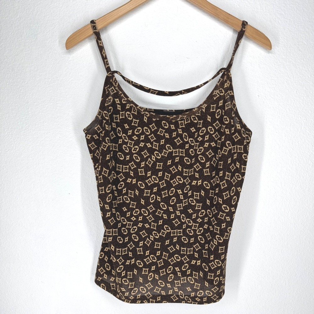 Vintage Y2K Monogram Geometric Top Tank Metallic Gold Rave‎ Disco Stretch 90s